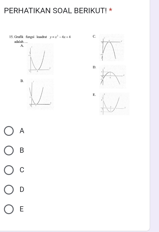 PERHATIKAN SOAL BERIKUT! *
15. Grafik fungsi kuadrat y=x^2-4x+4 C.
adalah…
A.
D.
B.
E.
A
B
C
D
E