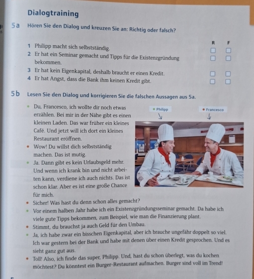 Dialogtraining
5 a Hören Sie den Dialog und kreuzen Sie an: Richtig oder falsch?
R F
1 Philipp macht sich selbstständig.
2 Er hat ein Seminar gemacht und Tipps für die Existenzgründung
bekommen.
3 Er hat kein Eigenkapital, deshalb braucht er einen Kredit.
4 Er hat Angst, dass die Bank ihm keinen Kredit gibt.
5b Lesen Sie den Dialog und korrigieren Sie die falschen Aussagen aus 5a.
Du, Francesco, ich wollte dir noch etwas
erzählen. Bei mir in der Nähe gibt es eine
kleinen Laden. Das war früher ein kleine
Café. Und jetzt will ich dort ein kleines
Restaurant eröffnen,
Wow! Du willst dich selbstständig
machen. Das ist mutig.
Ja. Dann gibt es kein Urlaubsgeld mehr.
Und wenn ich krank bin und nicht arbei-
ten kann, verdiene ich auch nichts. Das i
schon klar. Aber es ist eine große Chance
für mich.
Sicher! Was hast du denn schon alles gemacht?
Vor einem halben Jahr habe ich ein Existenzgründungsseminar gemacht. Da habe ich
viele gute Tipps bekommen, zum Beispiel, wie man die Finanzierung plant.
Stimmt, du brauchst ja auch Geld für den Umbau.
Ja, ich habe zwar ein bisschen Eigenkapital, aber ich brauche ungefähr doppelt so viel.
Ich war gestern bei der Bank und habe mit denen über einen Kredit gesprochen. Und es
sieht ganz gut aus.
Toll! Also, ich finde das super, Philipp. Und, hast du schon überlegt, was du kochen
möchtest? Du könntest ein Burger-Restaurant aufmachen. Burger sind voll im Trend!