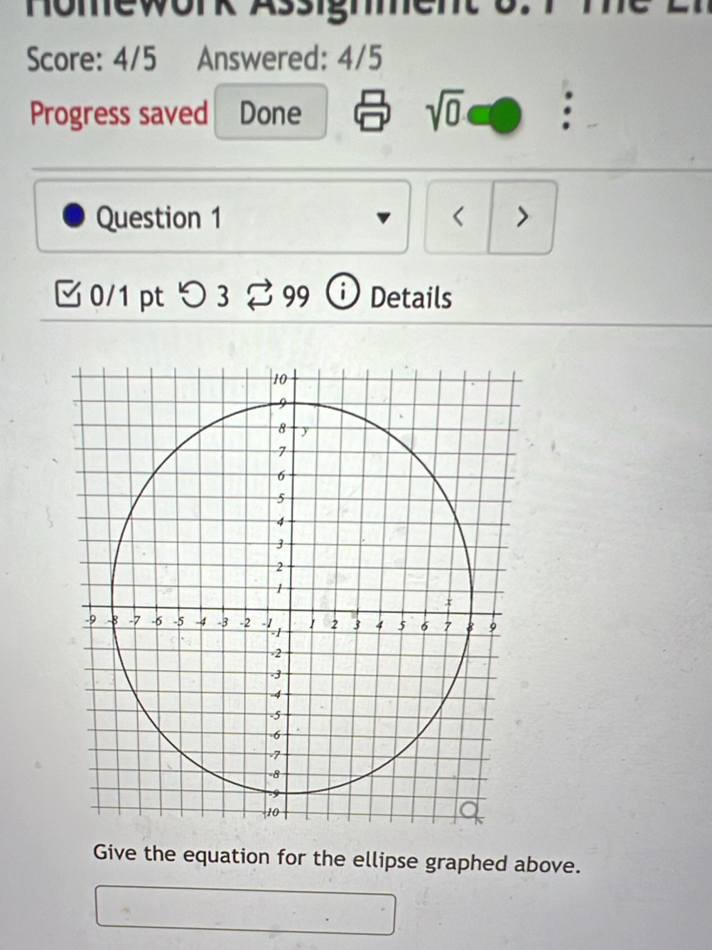 Hömework Assigmment b. 
Score: 4/5 Answered: 4/5 
Progress saved Done 
sqrt(0) 
. 
Question 1 < > 
0/1 pt つ 3 % 99 Details 
Give the equation for the ellipse graphed above.