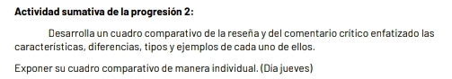 Actividad sumativa de la progresión 2: 
Desarrolla un cuadro comparativo de la reseña y del comentario crítico enfatizado las 
características, diferencias, tipos y ejemplos de cada uno de ellos. 
Exponer su cuadro comparativo de manera individual. (Día jueves)