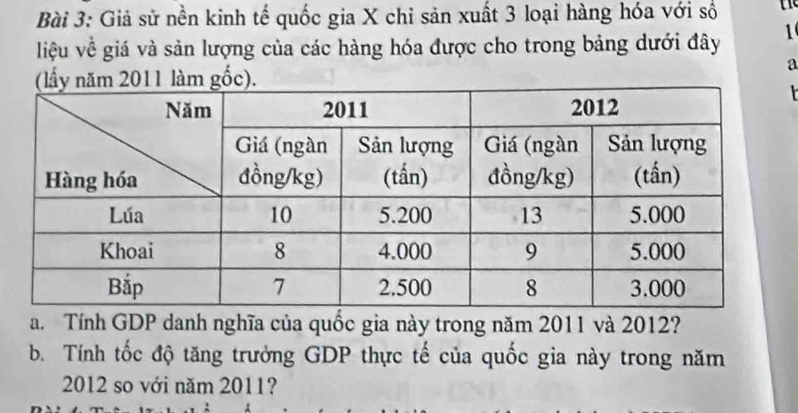 Giả sử nền kinh tế quốc gia X chỉ sản xuất 3 loại hàng hóa với số 
liệu về giá và sản lượng của các hàng hóa được cho trong bảng dưới đây 1 
a 
g 
a. Tính GDP danh nghĩa của quốc gia này trong năm 2011 và 2012? 
b. Tính tốc độ tăng trưởng GDP thực tế của quốc gia này trong năm
2012 so với năm 2011?