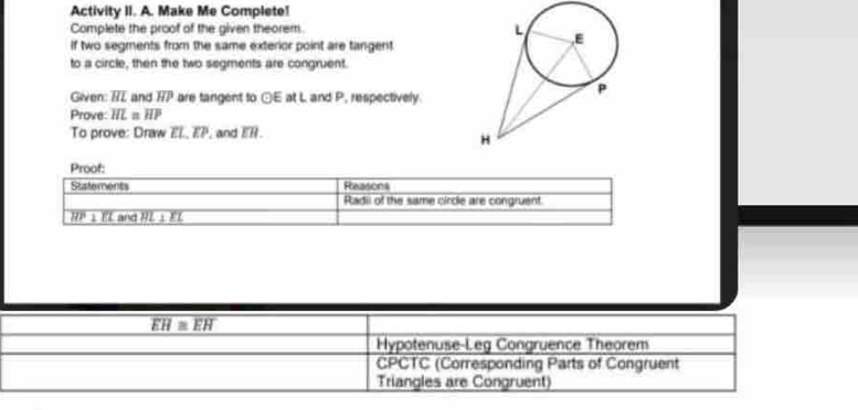 Activity II. A. Make Me Complete!
Complete the proof of the given theorem. 
If two segments from the same exterior point are tangent.
to a circle, then the two segments are congruent.
Given: overline HL and overline HP are tangent to odot EatL and P, respectively.
Prove: overline HL overline HP
To prove: Draw EL, EP, and IR
Proof:
Statements Reasons
Radii of the same circle are congruent
_ overline HP⊥ overline EL and overline HL⊥ overline EL