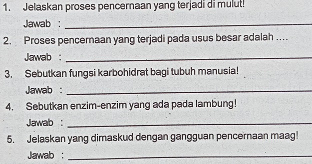 Jelaskan proses pencernaan yang terjadi di mulut! 
Jawab :_ 
2. Proses pencernaan yang terjadi pada usus besar adalah …_ 
Jawab :_ 
3. Sebutkan fungsi karbohidrat bagi tubuh manusia! 
Jawab :_ 
4. Sebutkan enzim-enzim yang ada pada lambung! 
Jawab :_ 
5. Jelaskan yang dimaskud dengan gangguan pencernaan maag! 
Jawab :_