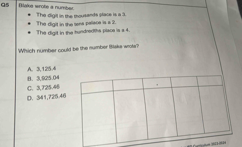 Blake wrote a number.
The digit in the thousands place is a 3.
The digit in the tens palace is a 2.
The digit in the hundredths place is a 4.
Which number could be the number Blake wrote?
A. 3,125.4
B. 3,925.04
C. 3,725.46
D. 341,725.46
ISD Gurriculum 2023-2