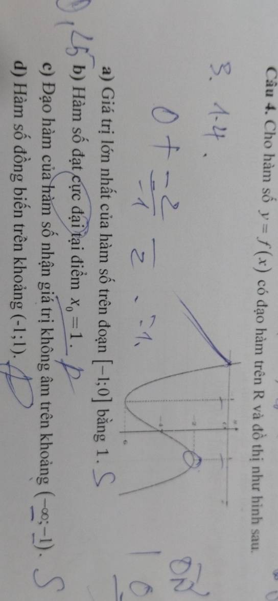 Cho hàm số y=f(x) có đạo hàm trên R và đồ thị như hình sau. 
a) Giá trị lớn nhất của hàm số trên đoạn [-1;0] bằng 1. 
b) Hàm số đạt cực đại tại điểm x_0=1. 
c) Đạo hàm của hàm số nhận giá trị không âm trên khoảng (-∈fty ;-1). 
d) Hàm số đồng biến trên khoảng (-1;1).