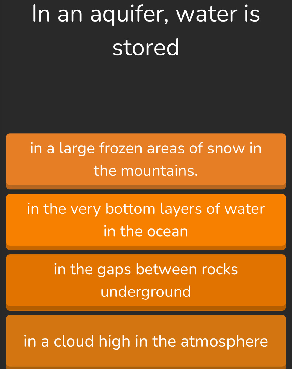 In an aquifer, water is
stored
in a large frozen areas of snow in
the mountains.
in the very bottom layers of water
in the ocean
in the gaps between rocks
underground
in a cloud high in the atmosphere