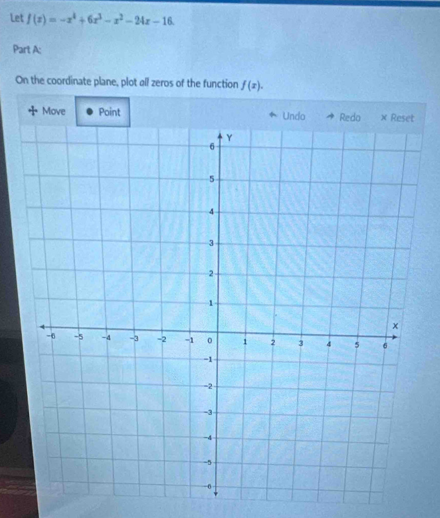 Let f(x)=-x^4+6x^3-x^2-24x-16. 
Part A; 
On the coordinate plane, plot all zeros of the function f(x). 
Move Point