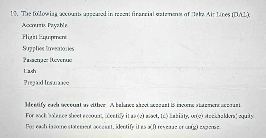 The following accounts appeared in recent financial statements of Delta Air Lines (DAL): 
Accounts Payable 
Flight Equipment 
Supplies Inventories 
Passenger Revenue 
Cash 
Prepaid Insurance 
Identify each account as either A balance sheet account B income statement account. 
For each balance sheet account, identify it as (c) asset, (d) liability, or(e) stockholders’ equity. 
For each income statement account, identify it as a(f) revenue or an(g) expense.