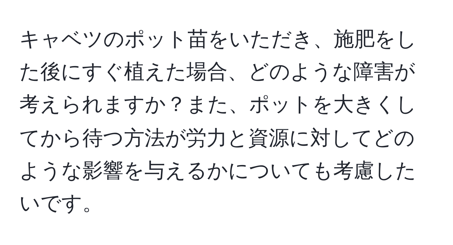 キャベツのポット苗をいただき、施肥をした後にすぐ植えた場合、どのような障害が考えられますか？また、ポットを大きくしてから待つ方法が労力と資源に対してどのような影響を与えるかについても考慮したいです。