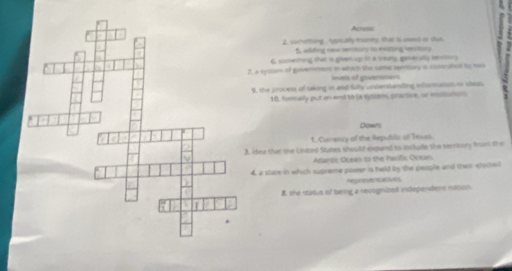 ζ
Across
2. sochething , typically money, that ls owed of cie.
S. adding new serrisary to eating tersitory
6. somerhing that is given up in a treary, geverally tecnor 2
7, a systom of government in which the same territory a contraled by two
levels of governmers
9, the process of taking in aid fuly undierstending informalist or vieas. 7
10, formally put an end to ia system, practice, or insticution
Diteri
1. Currency off the Republic af Tesas.
3. idea that te United States should expand to include the terrisory from the
Adartic Gcean to the Pasific Orean.
4. a sime in which supreme power is held by the people and then elected
regresentatives
8. the status of being a recognized independers nation.
