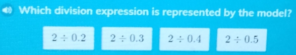 Which division expression is represented by the model?
2/ 0.2 2/ 0.3 2/ 0.4 2/ 0.5