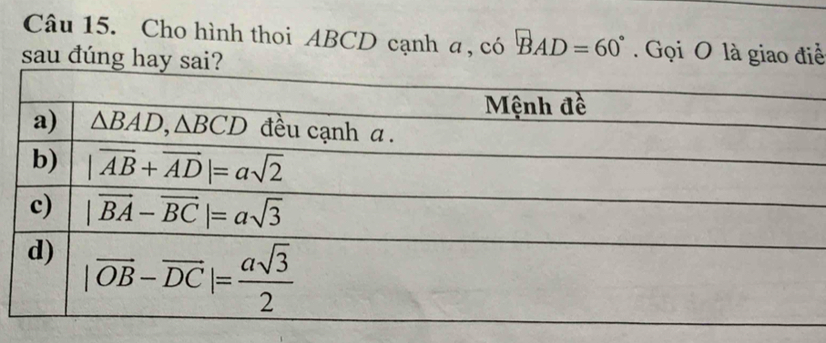 Cho hình thoi ABCD cạnh a, có ^circ BAD=60°. Gọi O là giao điề
sau đúng hay