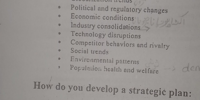 Political and regulatory changes
Economic conditions
Industry consolidations
Technology disruptions
Competitor behaviors and rivalry
Social trends
Environmental patterns
Population health and welfare
How do you develop a strategic plan: