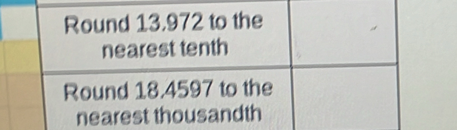 Round 13.972 to the 
nearest tenth 
Round 18.4597 to the 
nearest thousandth