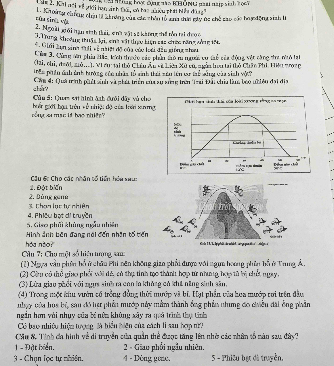 tộng trên những hoạt động nào KHÔNG phải nhịp sinh học?
Cầu 2. Khi nói về giới hạn sinh thái, có bao nhiêu phát biểu đúng?
1. Khoảng chống chịu là khoảng của các nhân tố sinh thái gây ức chế cho các hoạtđộng sinh lí
của sinh vật
2. Ngoài giới hạn sinh thái, sinh vật sẽ không thể tồn tại được
3.Trong khoảng thuận lợi, sinh vật thực hiện các chức năng sống tốt.
4. Giới hạn sinh thái về nhiệt độ của các loài đều giống nhau
Câu 3. Càng lên phía Bắc, kích thước các phần thò ra ngoài cơ thể của động vật càng thu nhỏ lại
(tai, chi, đuôi, mỏ.). Ví dụ: tai thỏ Châu Âu và Liên Xô cũ, ngắn hơn tai thỏ Châu Phi. Hiện tượng
trên phản ánh ảnh hưởng của nhân tố sinh thái nào lên cơ thể sống của sinh vật?
Câu 4: Quá trình phát sinh và phát triển của sự sống trên Trái Đất chia làm bao nhiêu đại địa
chất?
Câu 5: Quan sát hình ảnh dưới đây và cho
biết giới hạn trên về nhiệt độ của loài xương
rồng sa mạc là bao nhiêu?
Câu 6: Cho các nhân tố tiến hóa sau:
1. Đột biến
2. Dòng gene
3. Chọn lọc tự nhiên
4. Phiêu bạt di truyền
5. Giao phối không ngẫu nhiên
Hình ảnh bên đang nói đến nhân tố tiến 
hóa nào? 
Câu 7: Cho một số hiện tượng sau:
(1) Ngựa vằn phân bố ở châu Phi nên không giao phối được với ngựa hoang phân bố ở Trung Á.
(2) Cừu có thể giao phối với dê, có thụ tinh tạo thành hợp tử nhưng hợp tử bị chết ngay.
(3) Lừa giao phối với ngựa sinh ra con la không có khả năng sinh sản.
(4) Trong một khu vườn có trồng đồng thời mướp và bí. Hạt phần của hoa mướp rơi trên đầu
nhụy của hoa bí, sau đó hạt phần mướp nảy mầm thành ống phần nhưng do chiều dài ống phần
ngắn hơn vòi nhụy của bí nên không xảy ra quá trình thụ tinh
Có bao nhiêu hiện tượng là biểu hiện của cách li sau hợp tử?
Câu 8. Tính đa hình về di truyền của quần thể được tăng lên nhờ các nhân tố nào sau đây?
1 - Đột biến. 2 - Giao phối ngẫu nhiên.
3 - Chọn lọc tự nhiên. 4 - Dòng gene. 5 - Phiêu bạt di truyền.