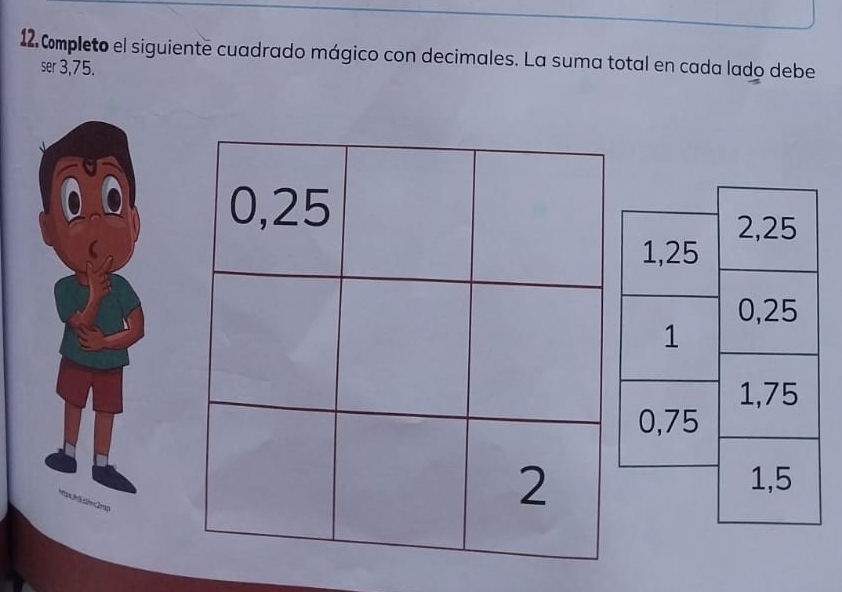 Cmpleto el siguiente cuadrado mágico con decimales. La suma total en cada lado debe 
ser 3,75.