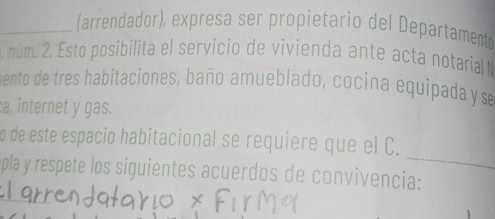 (arrendador), expresa ser propietario del Departamento 
, núm. 2. Esto posibilita el servicio de vivienda ante acta notaria N 
mento de tres habitaciones, baño amueblado, cocina equipada y se 
ca, internet y gas. 
_ 
o de este espacio habitacional se requiere que el C. 
play respete los siguientes acuerdos de convivencia: