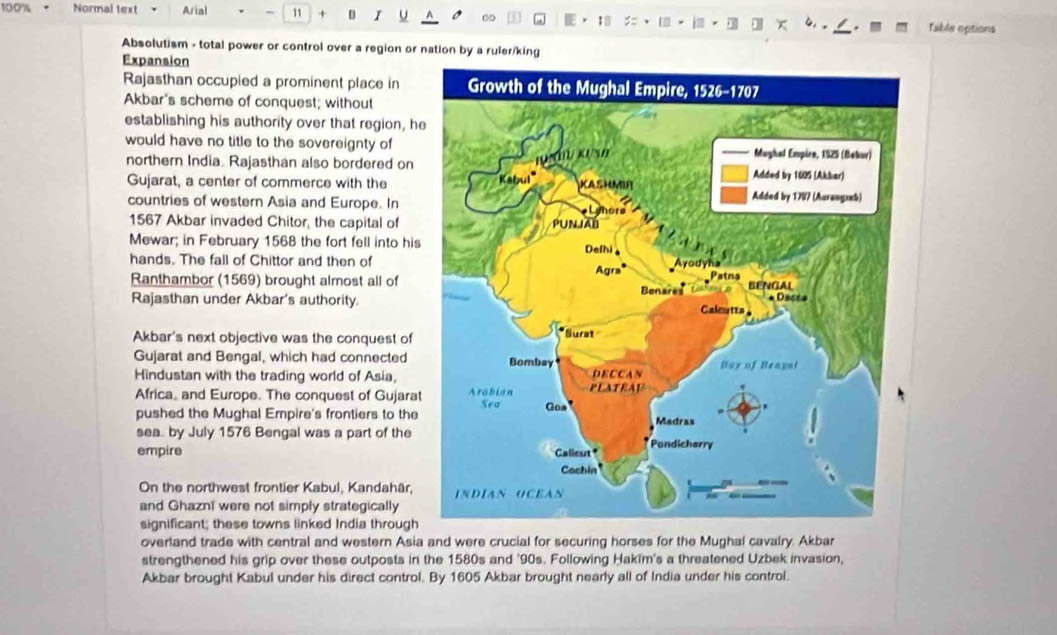 100% · Normal text Arial - 11 + I u 00 【
Table options
Absolutism - total power or control over a region or nation by a ruler/king
Expansion
Rajasthan occupied a prominent place in 
Akbar's scheme of conquest; without
establishing his authority over that region, h
would have no title to the sovereignty of 
northern India. Rajasthan also bordered on
Gujarat, a center of commerce with the
countries of western Asia and Europe. In 
1567 Akbar invaded Chitor, the capital of
Mewar; in February 1568 the fort fell into his
hands. The fall of Chittor and then of
Ranthambor (1569) brought almost all of 
Rajasthan under Akbar's authority.
Akbar's next objective was the conquest of
Gujarat and Bengal, which had connected
Hindustan with the trading world of Asia, 
Africa, and Europe. The conquest of Gujarat
pushed the Mughal Empire's frontiers to the
sea. by July 1576 Bengal was a part of the
empire 
On the northwest frontier Kabul, Kandahâr,
and Ghazni were not simply strategically
significant; these towns linked India through
overland trade with central and western Asia and were crucial for securing horses for the Mughal cavalry. Akbar
strengthened his grip over these outposts in the 1580s and '90s. Following Hakïm's a threatened Uzbek invasion,
Akbar brought Kabul under his direct control. By 1605 Akbar brought nearly all of India under his control.