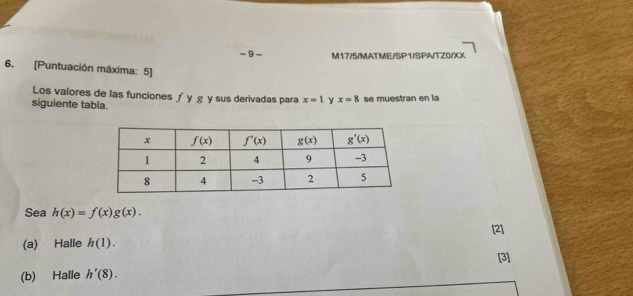 M17/5/MATME/SP1/SPA/TZ0/XX
6. [Puntuación máxima: 5]
Los valores de las funciones ∫ y gy sus derivadas para x=1 y x=8
siguiente tabla. se muestran en la
Sea h(x)=f(x)g(x).
[2]
(a) Halle h(1).
[3]
(b) Halle h'(8).