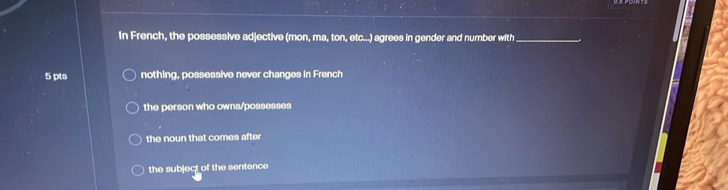 In French, the possessive adjective (mon, ma, ton, etc...) agrees in gender and number with_
5 pts nothing, possessive never changes in French
the person who owns/possesses
the noun that comes after
the subject of the sentence