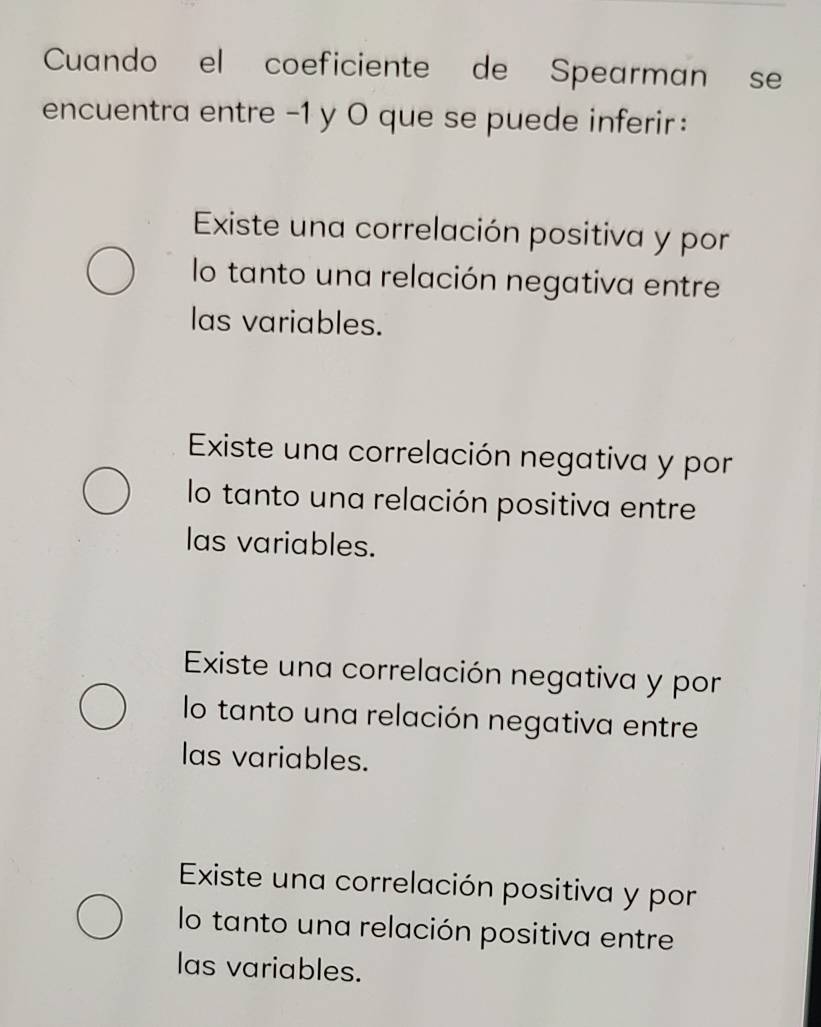 Cuando el coeficiente de Spearman se
encuentra entre -1 y 0 que se puede inferir :
Existe una correlación positiva y por
lo tanto una relación negativa entre
las variables.
Existe una correlación negativa y por
lo tanto una relación positiva entre
las variables.
Existe una correlación negativa y por
lo tanto una relación negativa entre
las variables.
Existe una correlación positiva y por
lo tanto una relación positiva entre
las variables.