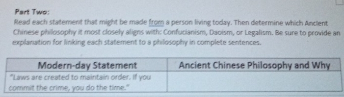 Part Two: 
Read each statement that might be made from a person living today. Then determine which Anclent 
Chinese philosophy it most closely aligns with: Confucianism, Daoism, or Legalism. Be sure to provide an 
explanation for linking each statement to a philosophy in complete sentences,