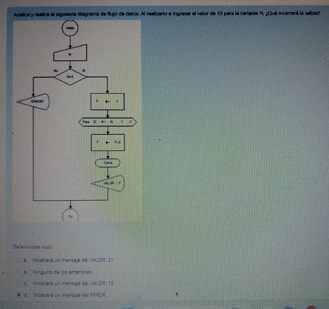 A Al realizarlo e ingresar el valor de 10 para la variable N, ¿Qué mostrará la salida?
Seleccione una
a. Mostrará un mensaje de: VALOR: 21
b. Ninguno de los anteriores,
c.  Mostrará un mensaje de: VALOR: 15
d.  Mostrará un mensaje de: ERROR