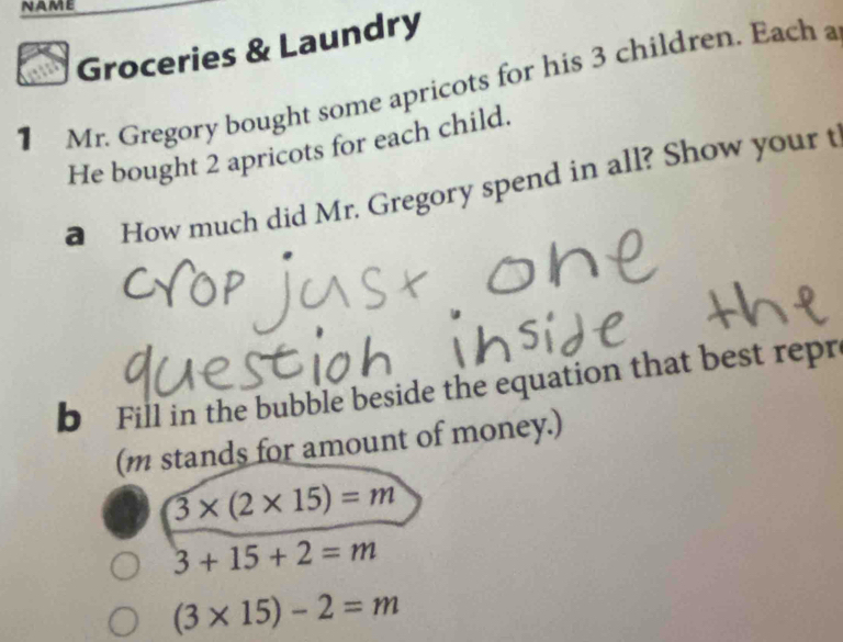 Groceries & Laundry 
1 Mr. Gregory bought some apricots for his 3 children. Each a 
He bought 2 apricots for each child. 
a How much did Mr. Gregory spend in all? Show your t 
b Fill in the bubble beside the equation that best repr 
(m stands for amount of money.)
3* (2* 15)=m
3+15+2=m
(3* 15)-2=m