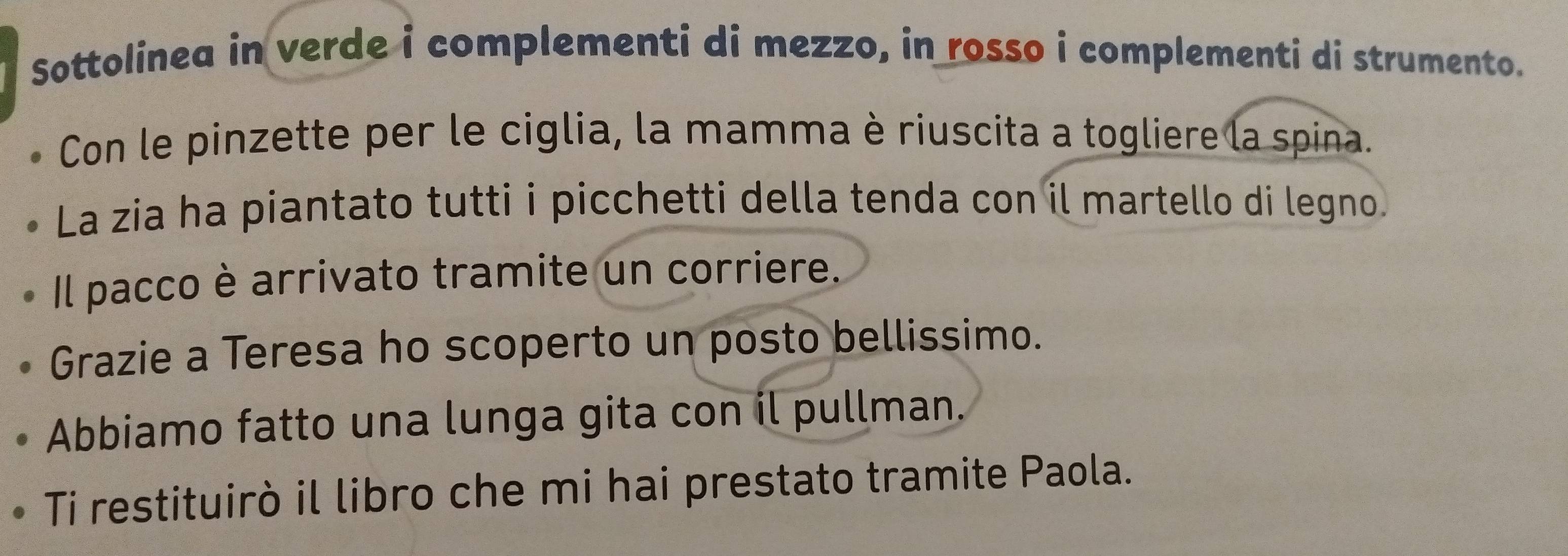 Sottolinea in verde i complementi di mezzo, in rosso i complementi di strumento. 
Con le pinzette per le ciglia, la mamma è riuscita a togliere la spina. 
La zia ha piantato tutti i picchetti della tenda con il martello di legno. 
Il pacco è arrivato tramite un corriere. 
Grazie a Teresa ho scoperto un posto bellissimo. 
Abbiamo fatto una lunga gita con il pullman. 
Ti restituirò il libro che mi hai prestato tramite Paola.