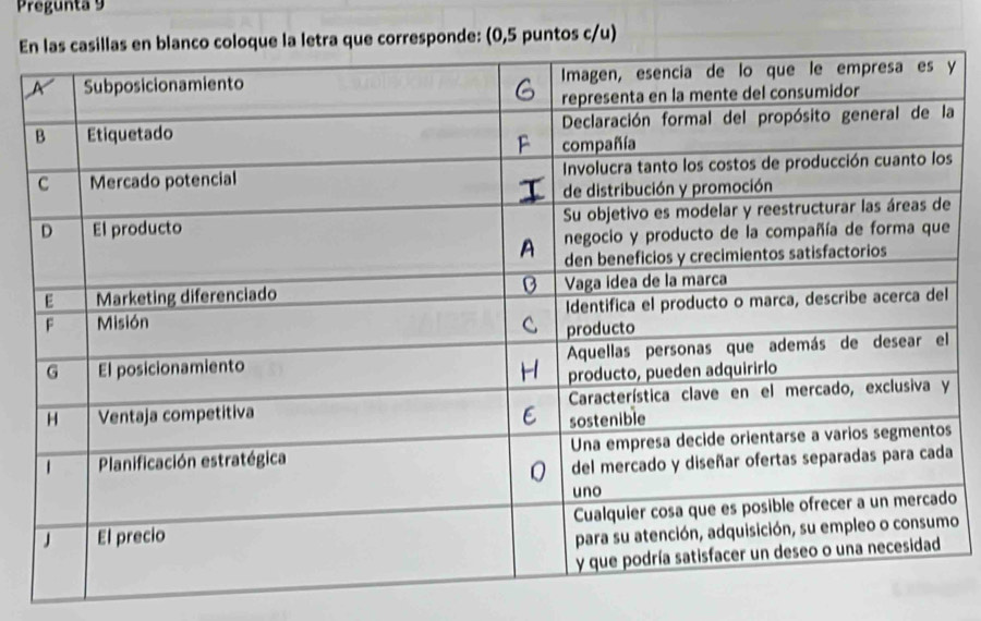 Pregunta 9 
Eue corresponde: (0,5 puntos c/u)
y
a
a
o
o