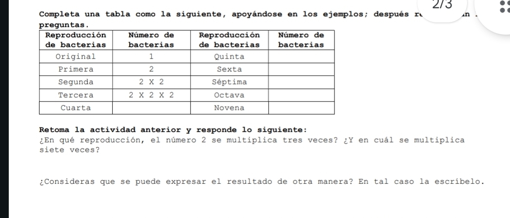 2/3
Completa una tabla como la siguiente, apoyándose en los ejemplos; después re
Retoma la actividad anterior y responde lo siguiente:
¿En qué reproducción, el número 2 se multiplica tres veces? ¿Y en cuál se multiplica
siete veces?
¿Consideras que se puede expresar el resultado de otra manera? En tal caso la escríbelo.