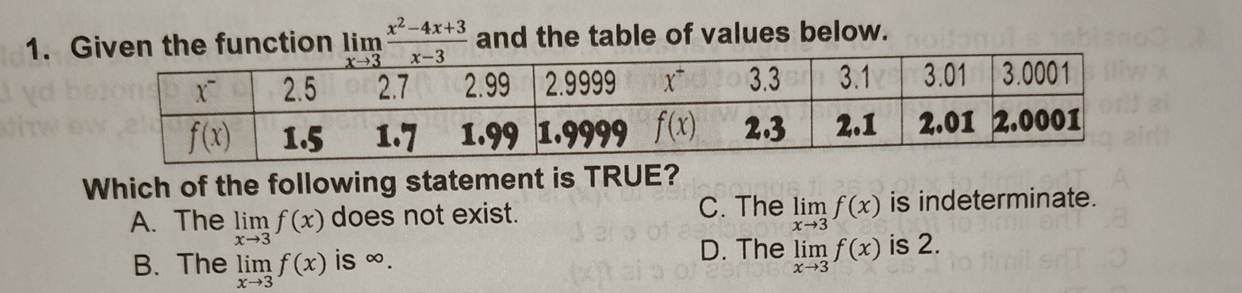 ven the function limlimits _xto 3 (x^2-4x+3)/x-3  and the table of values below.
Which of the following statement is TRUE?
A. The limlimits _xto 3f(x) does not exist.
C. The limlimits _xto 3f(x) is indeterminate.
B. The limlimits _xto 3f(x) is ∞.
D. The limlimits _xto 3f(x) is 2.