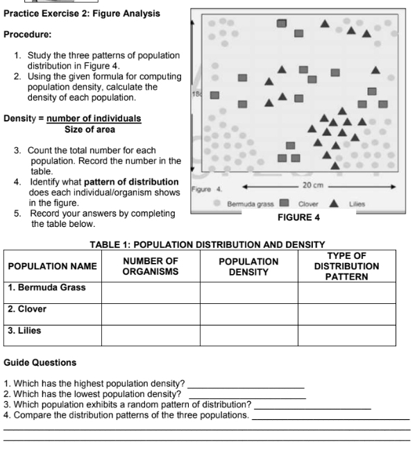 Practice Exercise 2: Figure Analysis 
Procedure: 
1. Study the three patterns of population 
distribution in Figure 4. 
2. Using the given formula for computing 
population density, calculate the 
density of each population. 
Density = number of individuals 
Size of area 
3. Count the total number for each 
population. Record the number in the 
table. 
4. Identify what pattern of distribution 
does each individual/organism shows 
in the figure. 
5. Record your answers by completing 
the table below. 
Guide Questions 
1. Which has the highest population density?_ 
2. Which has the lowest population density?_ 
3. Which population exhibits a random pattern of distribution?_ 
4. Compare the distribution patterns of the three populations._ 
_ 
_