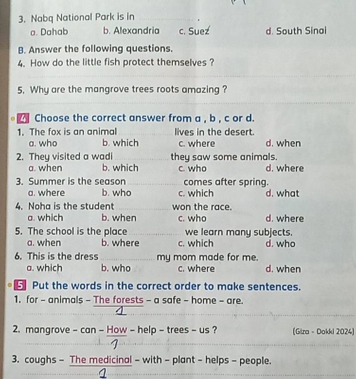 Nabq National Park is in
a. Dahab b. Alexandria c. Suez d. South Sinai
B. Answer the following questions.
4. How do the little fish protect themselves ?
5. Why are the mangrove trees roots amazing ?
● Choose the correct answer from a , b , c or d.
1. The fox is an animal lives in the desert.
a. who b. which c. where d. when
2. They visited a wadi they saw some animals.
a. when b. which c. who d. where
3. Summer is the season comes after spring.
a. where b. who c. which d. what
4. Noha is the student won the race.
a. which b. when c. who d. where
5. The school is the place we learn many subjects.
a. when b. where c. which d. who
6. This is the dress my mom made for me.
a. which b. who c. where d. when
。 5 Put the words in the correct order to make sentences.
1. for - animals - The forests - a safe - home - are.
_
_
2. mangrove - can - How - help - trees - us ? (Giza - Dokki 2024)
..
_
__
_
3. coughs - The medicinal - with - plant - helps - people.
_