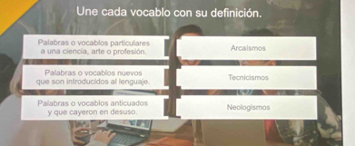 Une cada vocablo con su definición.
Palabras o vocablos particulares Arcaismos
a una ciencia, arte o profesión.
Palabras o vocablos nuevos
que son introducidos al lenguaje. Tecnicismos
Palabras o vocablos anticuados Neologismos
y que cayeron en desuso.