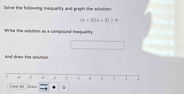 Solve the following inequality and graph the solution:
(x+2)(x+2)≥ 0
Write the solution as a compound inequality 
And draw the solution 
Clear All Draw: