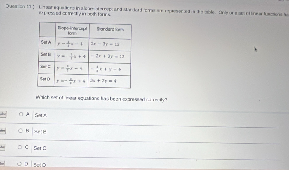 ) Linear equations in slope-intercept and standard forms are represented in the table. Only one set of linear functions h
expressed correctly in both forms.
Which set of linear equations has been expressed correctly?
A Set A
B Set B
C Set C
D Set D