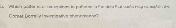 Which patterns or exceptions to patterns in the data that could help us explain the 
Comet Borrelly investigative phenomenon?