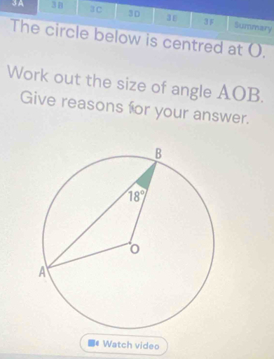 A 31 3C 3D 38 3F Summary
The circle below is centred at O.
Work out the size of angle AOB.
Give reasons for your answer.
a Watch video