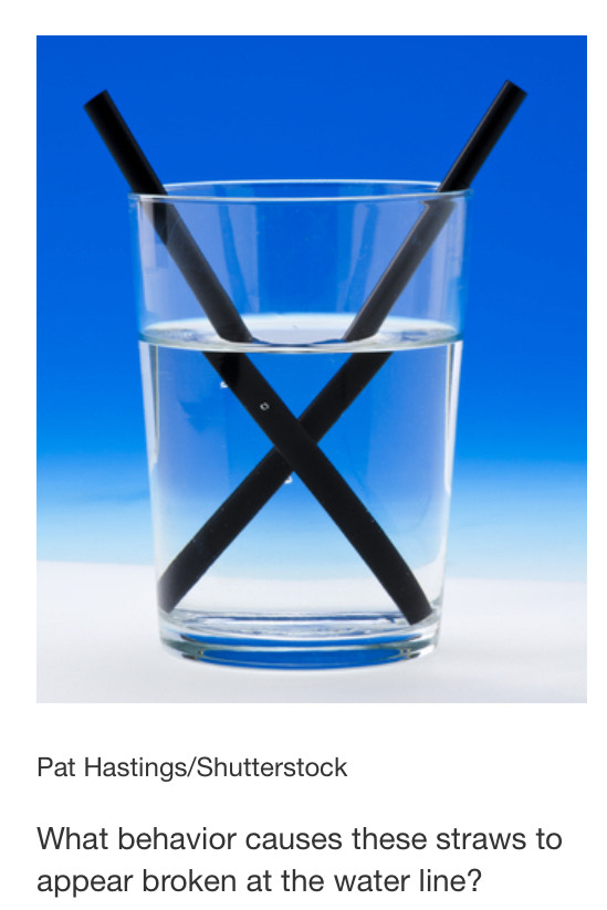 Pat Hastings/Shutterstock 
What behavior causes these straws to 
appear broken at the water line?