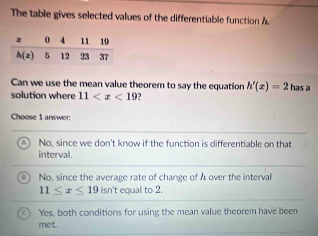 The table gives selected values of the differentiable function .
Can we use the mean value theorem to say the equation h'(x)=2 has a
solution where 11 ?
Choose 1 answer:
A No, since we don't know if the function is differentiable on that
interval.
No, since the average rate of change of h over the interval
11≤ x≤ 19 isn't equal to 2.
Yes, both conditions for using the mean value theorem have been
met.