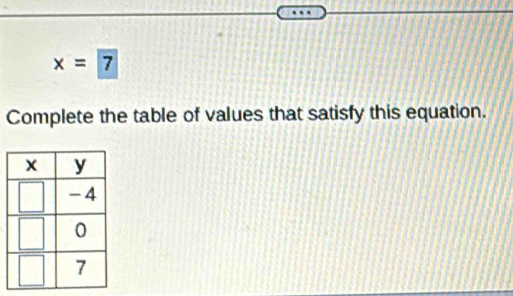 x=7
Complete the table of values that satisfy this equation.