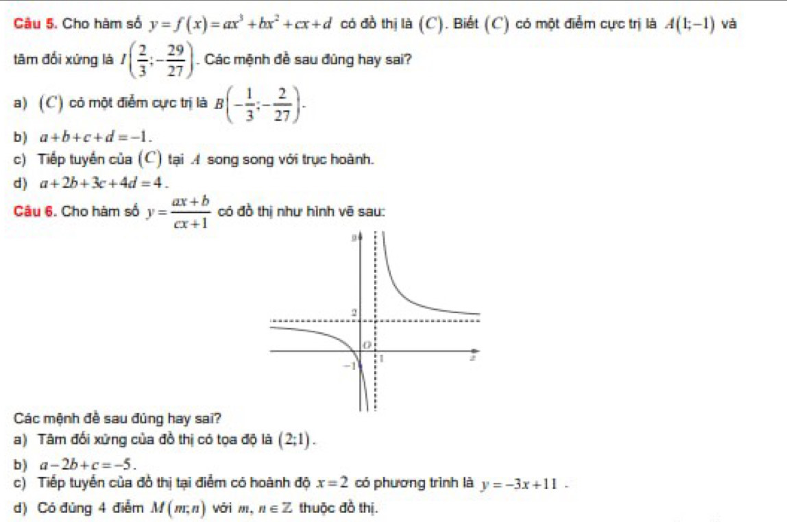 Cho hàm số y=f(x)=ax^3+bx^2+cx+d có đồ thị là (C). Biết (C) có một điểm cực trị là A(1;-1) và
tâm đối xứng là I( 2/3 ;- 29/27 ). Các mệnh đề sau đùng hay sai?
a) (C) có một điểm cực trị là B(- 1/3 ;- 2/27 ).
b ) a+b+c+d=-1. 
c) Tiếp tuyến của (C) tại A song song với trục hoành.
d) a+2b+3c+4d=4. 
Câu 6. Cho hàm số y= (ax+b)/cx+1  có đồ thị như hình vẽ sau:
Các mệnh đề sau đúng hay sai?
a) Tâm đổi xứng của đồ thị có tọa độ là (2;1). 
b ) a-2b+c=-5. 
c) Tiếp tuyển của đồ thị tại điểm có hoành độ x=2 có phương trình là y=-3x+11. 
d) Có đủng 4 điễm M(m,n) wới m . n∈ Z thuộc đồ thị.