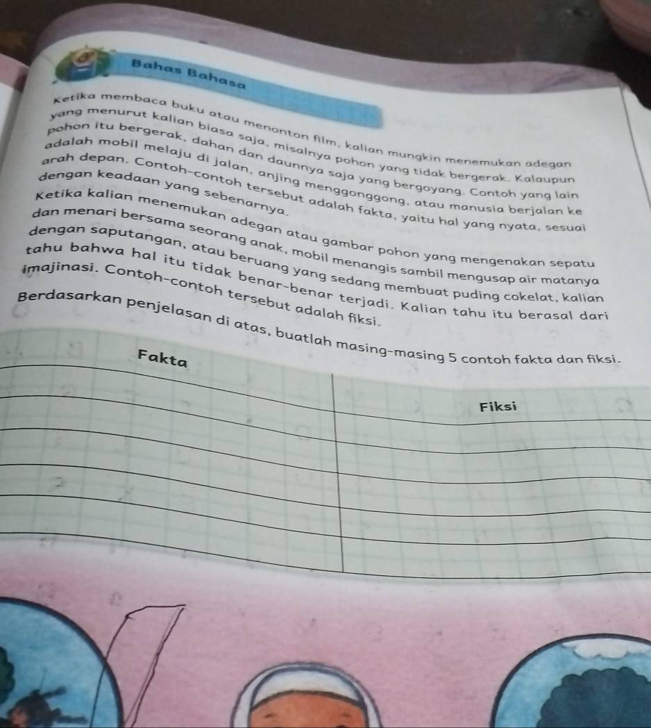 Bahas Bahasa 
Ketika membaca buku atau menonton film, kalian mungkin menemukan adegan 
yang menurut kalian biasa saja, misalnya pohon yang tidak bergerak. Kalaupur 
pohon itu bergerak, dahan dan daunnya saja yang bergoyang. Contoh yang lain 
adalah mobil melaju di jalan, anjing menggonggong, atau manusia berjalan ke 
dengan keadaan yang sebenarnya 
arah depan. Contoh-contoh tersebut adalah fakta, yaitu hal yang nyata, sesual 
Ketika kalian menemukan adegan atau gambar pohon yang mengenakan sepat 
dan menari bersama seorang anak, mobil menangis sambil mengusap air matanya 
dengan saputangan, atau beruang yang sedang membuat puding cokelat, kalian 
tahu bahwa hal itu tidak benar-benar terjadi. Kalian tahu itu berasal dar 
imajinasi. Contoh-contoh tersebut adalah 
Berdasarkan penjelasa