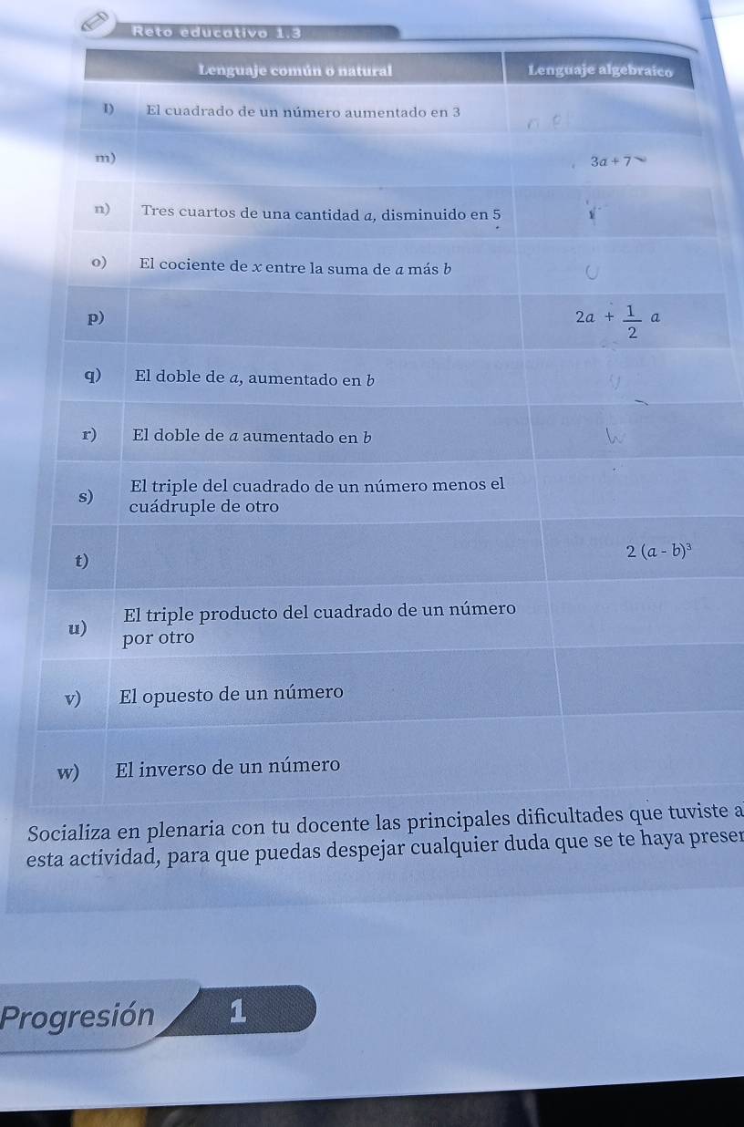 Reto educativo 1.3
Siste a
esta actividad, para que puedas despejar reser
Progresión 1