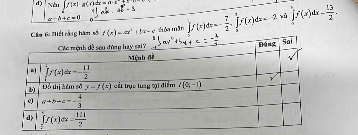 Nếu ∈t f(x)· g(x)dx=a· e^x+0· e+
a+b+c=0
số f(x)=ax^2+bx+c thỏa mãn ∈tlimits _0^(1f(x)dx=-frac 7)2,∈tlimits _0^(2f(x)dx=-2 và ∈tlimits _0^3f(x)dx=frac 13)2.