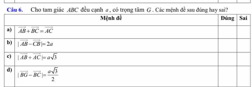 Cho tam giác ABC đều cạnh a, có trọng tâm G . Các mệnh đề sau đúng hay sai?