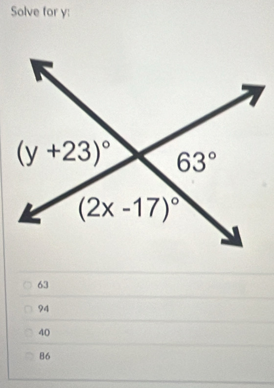 Solve for y:
63
94
40
86