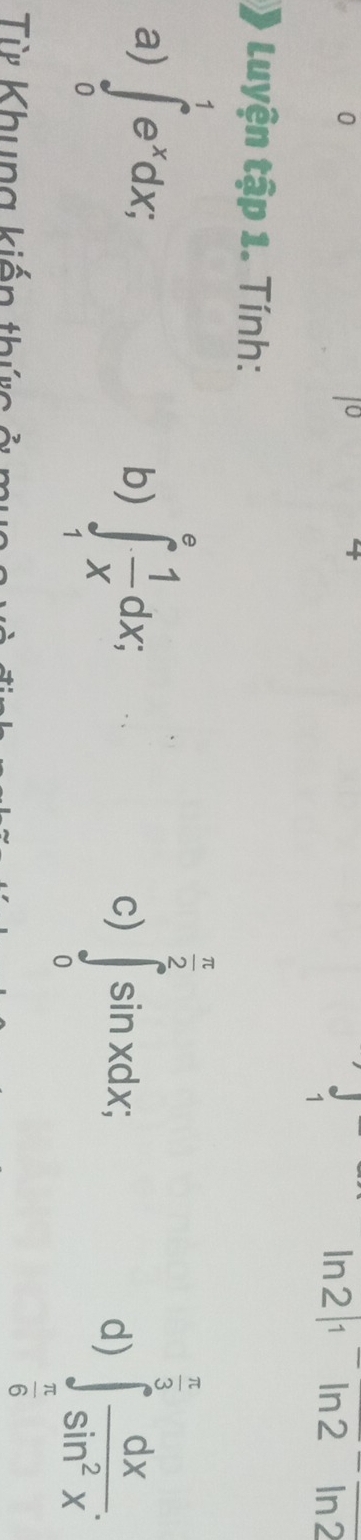 0
n2|1ln 2ln 2
Luyện tập 1. Tính:
 π /2 
a) ∈tlimits _0^(1e^x)dx; ∈tlimits _1^(efrac 1)xdx; ∈tlimits _0^(2sin xdx;
frac π)2
b) 
c) 
d) ∈tlimits _ π /6 ^∈fty  dx/sin^2x . 
Từ Khung kiến thức ở