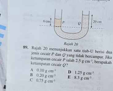 Rajah 20 menunjukkan satu tiub-U berisi dua
jenis cecair P dan Q yang tidak bercampur. Jika
ketumpatan cecair P ialah 2.5gcm^(-3) , berapakah
ketumpatan cecair Q?
A 0.10gcm^(-3) D 1.25gcm^3
B 0.20gcm^3 E
C 0.75gcm^(-3) 8.3gcm^3